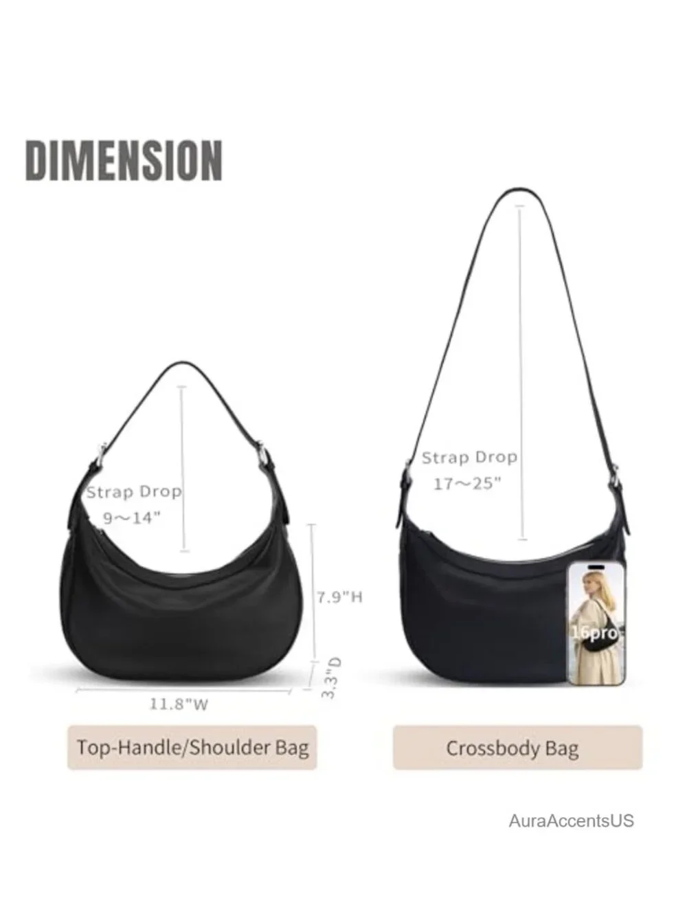Genuine Leather Hobo Crossbody Bag with Two Adjustable Straps